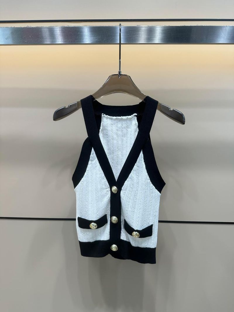 Canotta da donna snellente, versatile, monopetto, in maglia, senza maniche, con scollo a V, color-block, estate 2025_voghion.com