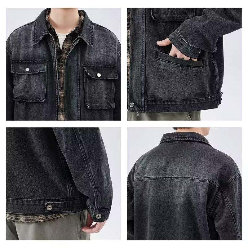 Jaqueta jeans masculina desgastada, casaco de trabalho unissex oversized com bolsos laterais – preto e cinza (M-4XL)_voghion.com