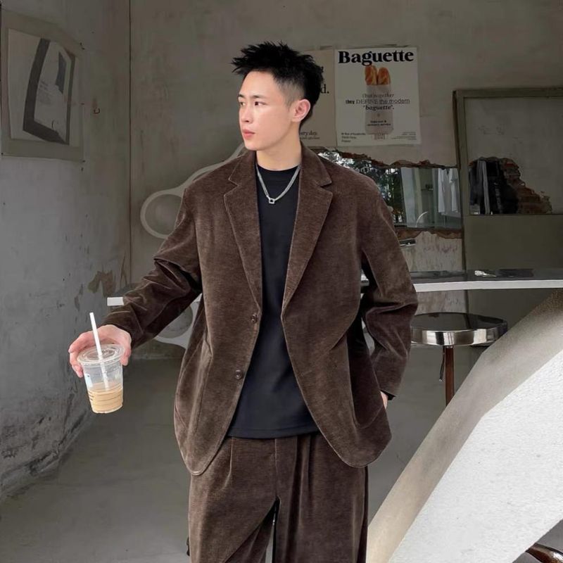 Completo da uomo in velluto a coste vintage ForMen, autunno inverno, moda maschile, stile coreano, casual, blazer alla moda_voghion.com