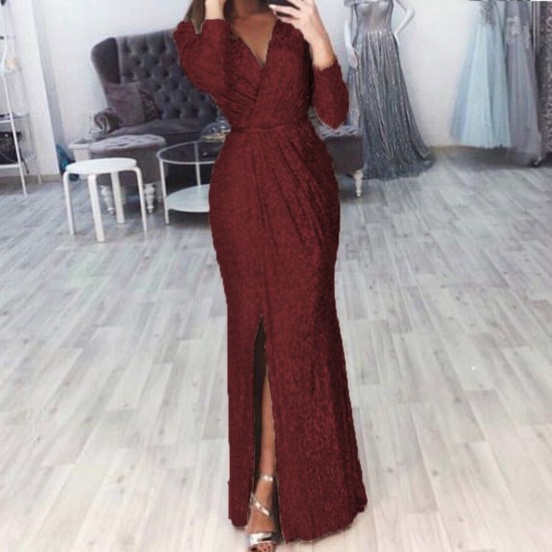 Saia longa feminina vestido de noite profundo decote em v vestido brilhante vestido sexy para jantar_voghion.com