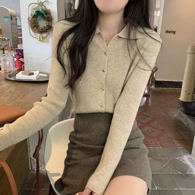 Women's Turn-Down Collar Knitted Long Sleeve Top - Soft Loose Fit Casual Blouse For Autumn & Spring_voghion.com