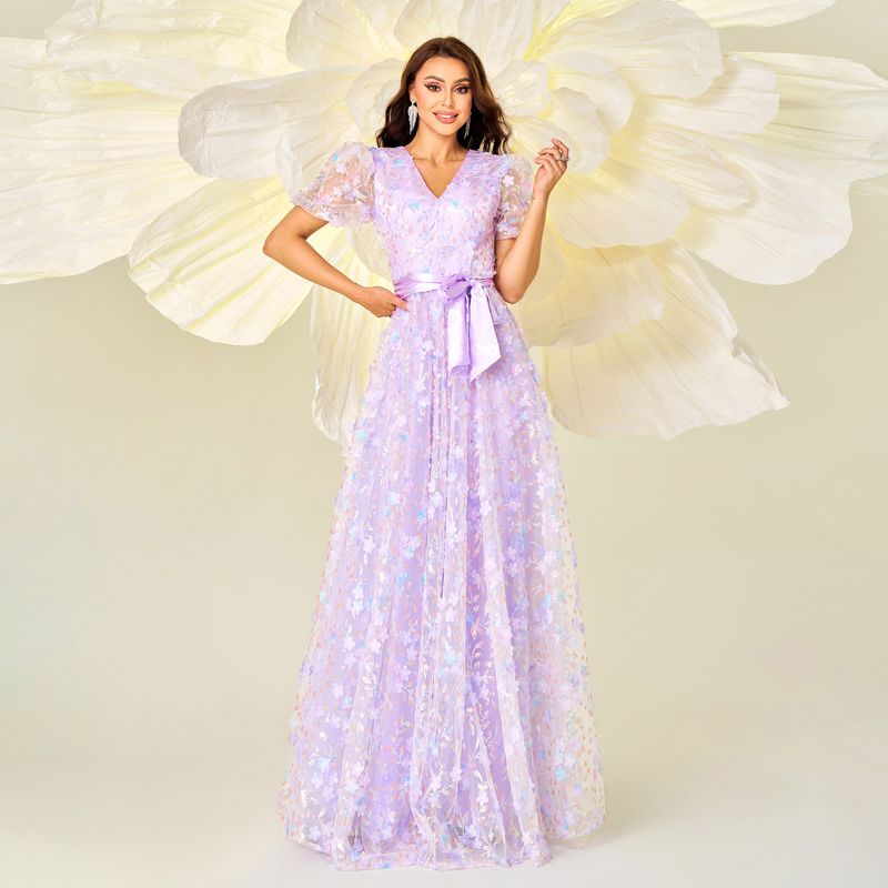 Neues High-End-Abendkleid mit kurzen Ärmeln, V-Ausschnitt und schmaler Passform, Taillenbetonung und Aufklebern für Bankette und große Präsentationen für Damen_voghion.com