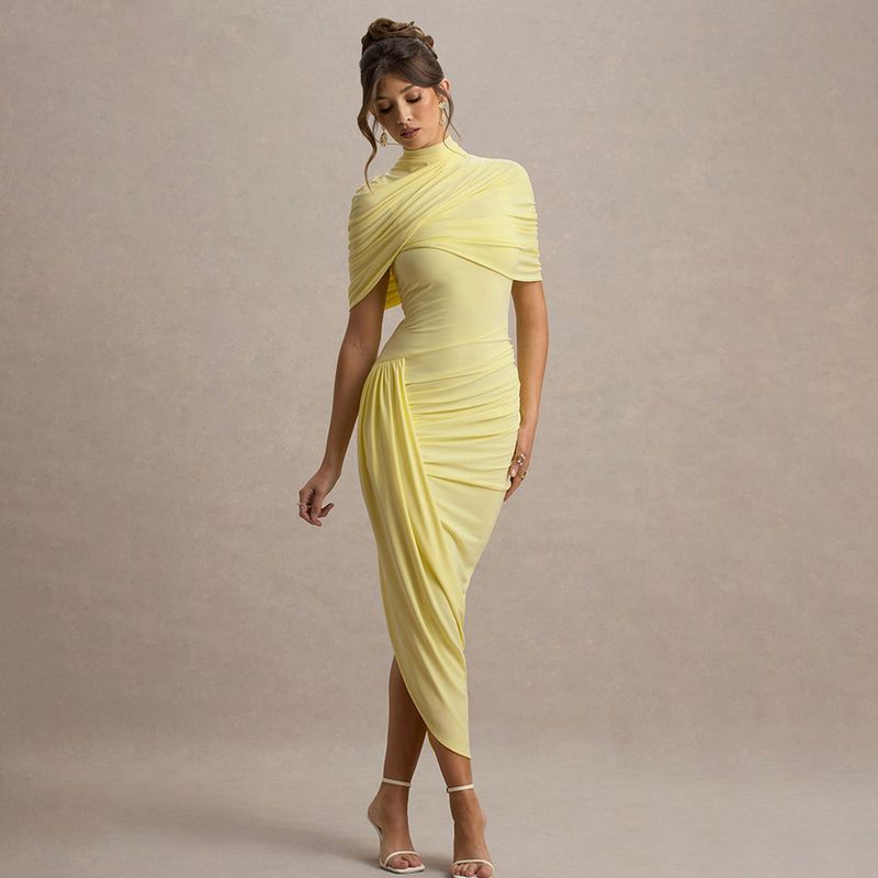 Rückenfreies, figurbetontes Kleid mit Rüschen – Sexy langes Kleid mit hoher Taille und Milchseidenstoff (Gelb/Weiß/Rot)_voghion.com