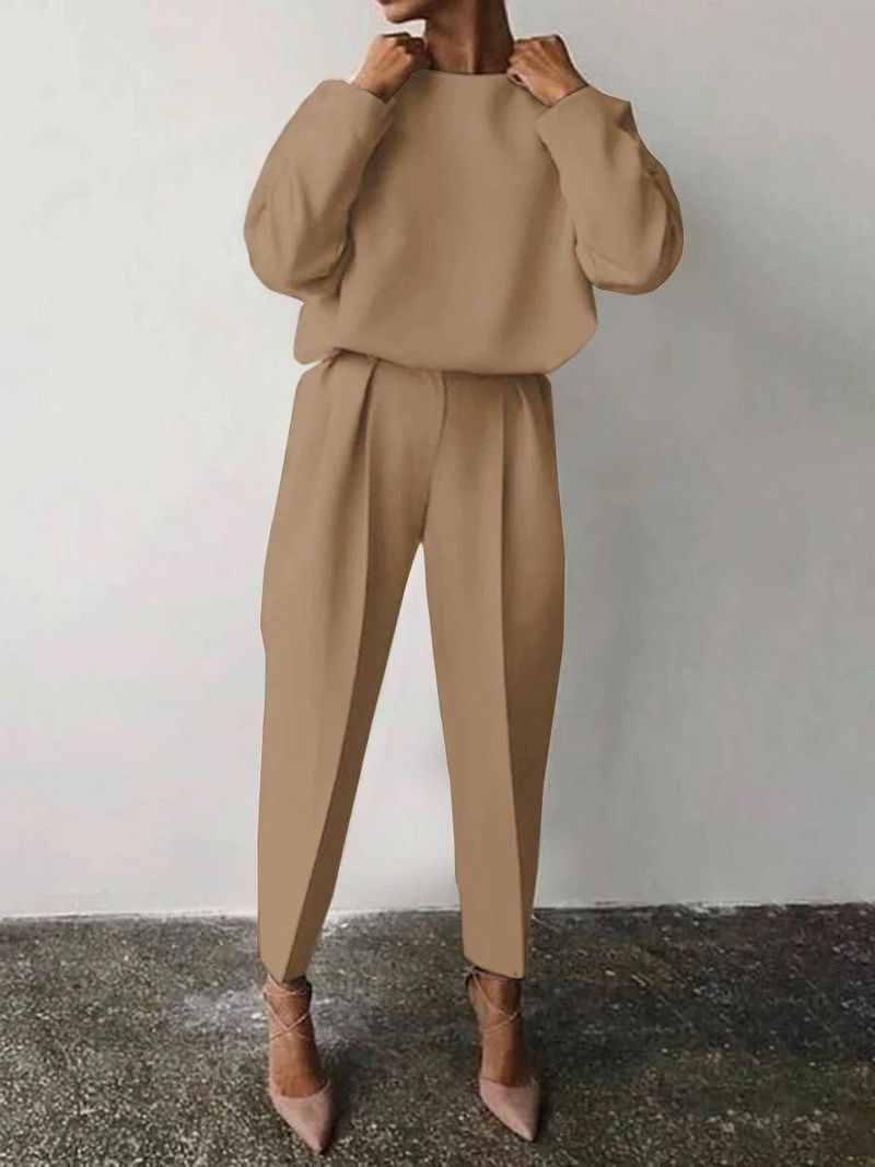 Women's Clothing 2024 autumn and winter new loose solid color long sleeved casual pants suit two piece set_voghion.com