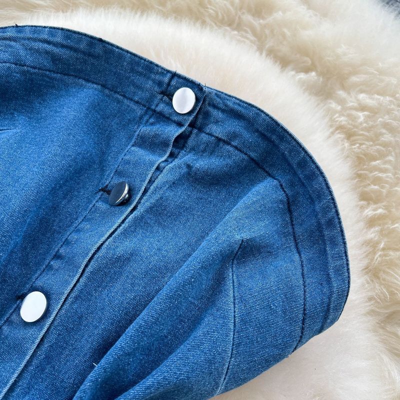 Abito da donna retrò, senza maniche, con cinturino, vita e orlo grezzo, in denim, monopetto, aderente, con gonna lunga_voghion.com