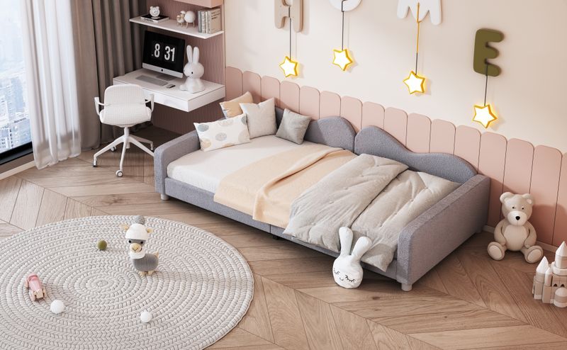 Polsterbett 90x200cm, Schlafsofa, Teddystoff, Mit Armlehnen, Grau_voghion.com