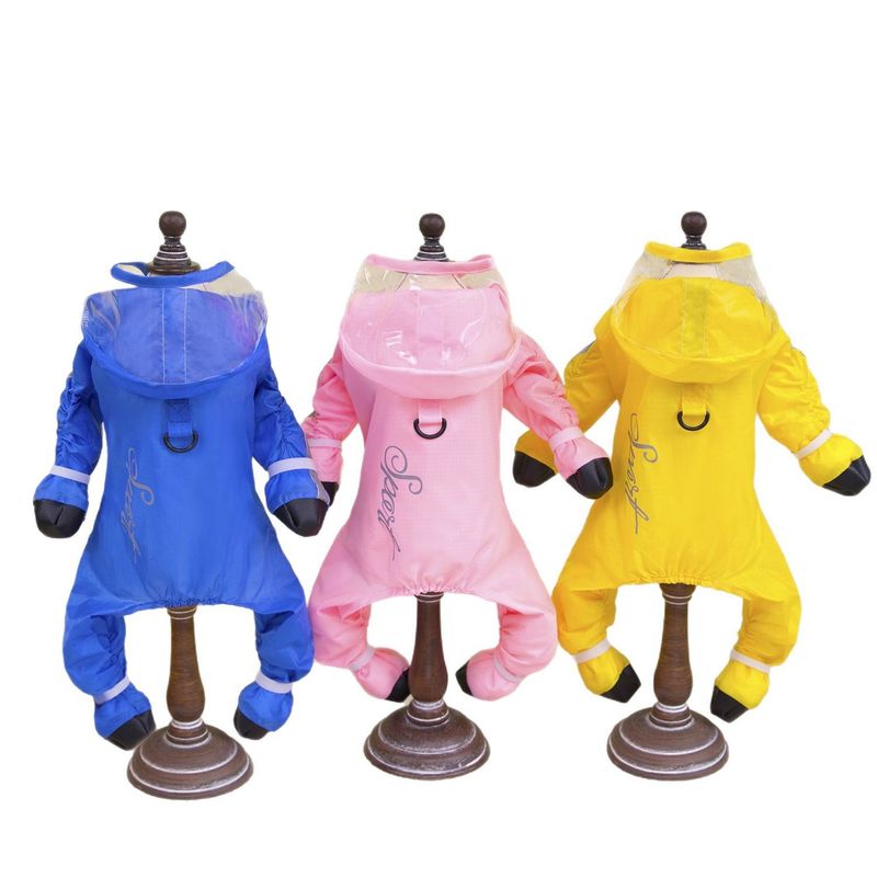 Outdoor Travel Four-Legged Full Coverage Splash-Proof Small Pet Raincoat One-Piece With Hood And Reflective Strips Dog_voghion.com