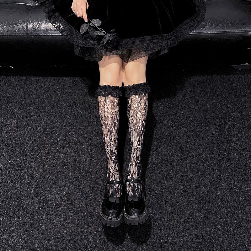 Calzini Lolita a metà polpaccio, calzini a rete floreali, calze vintage con cuore jacquard, produttore all'ingrosso da donna 4010_voghion.com