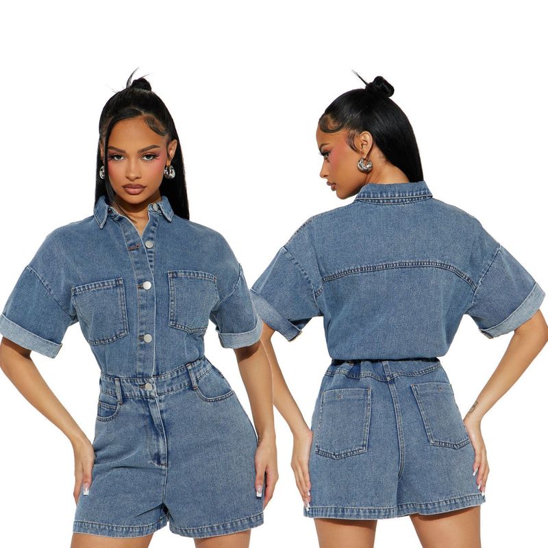 Salopetă din denim spălat, cu mânecă scurtă și elastică, lejeră, pentru femei_voghion.com