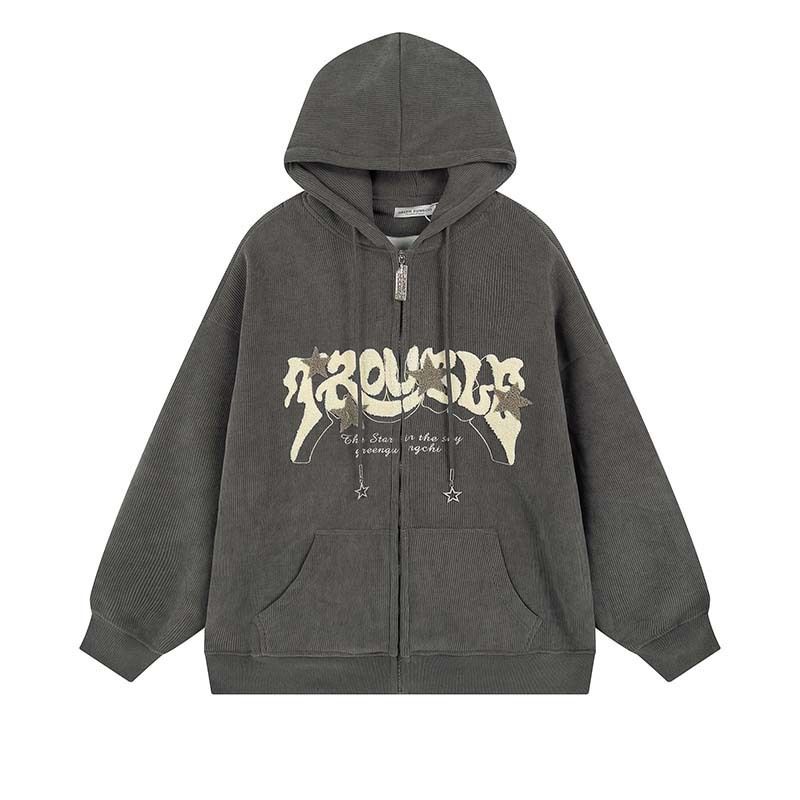 Cardigan con cappuccio largo, in stile americano, con ricamo a lettere, spesso e morbido, per coppie_voghion.com