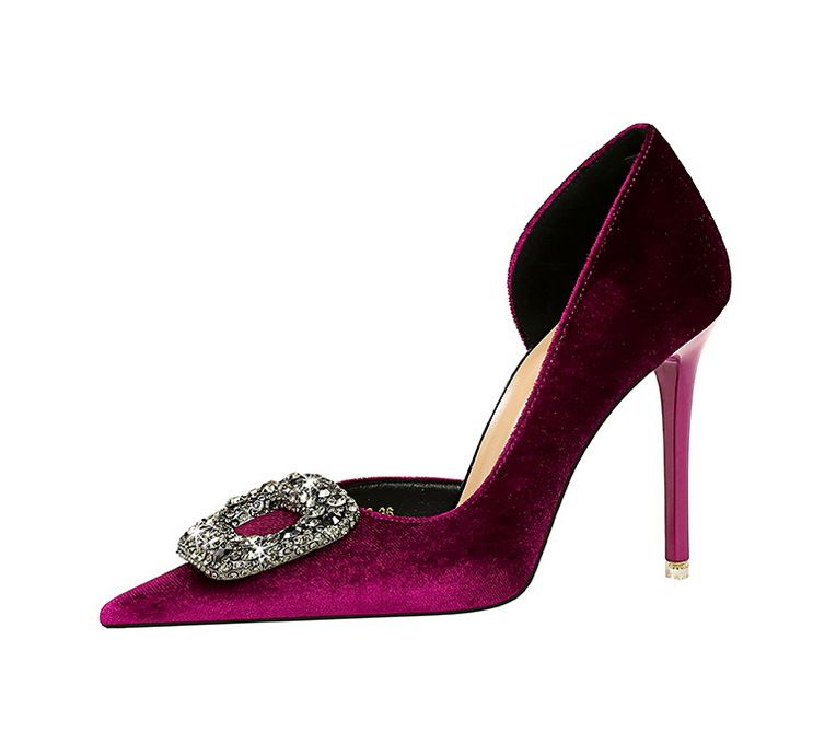 1363-K83 Bankett Dünne Absätze Verdicktes Wildleder Spitz Seitlich Hohl Metall Wasser Diamant Schnalle Ultra High Heel Einzelschuhe_voghion.com
