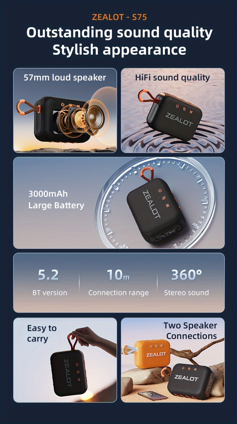 Zealot S75 draagbare draadloze luidspreker, ondersteuning voor TF-kaart/U-schijf/AUX-kabel/TWS twee seriële poortweergave, luidspreker, geschikt voor mobiele telefoon/tablet/TV/com_voghion.com