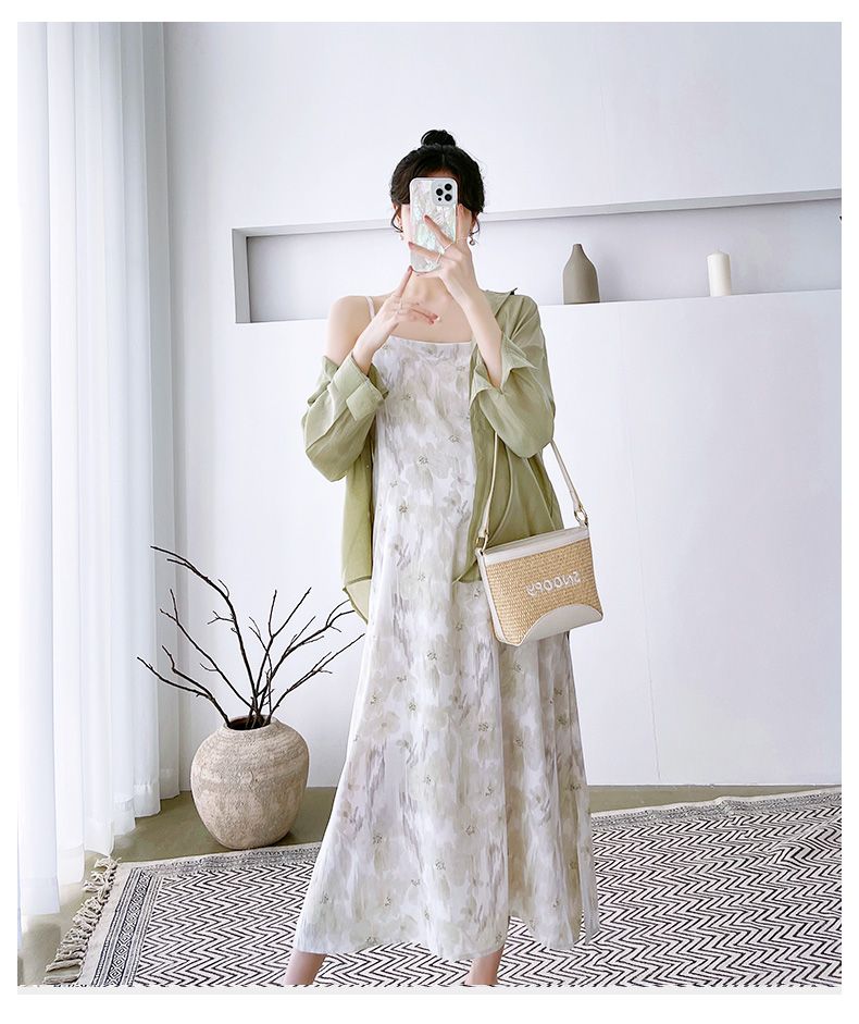 Completo da donna incinta, abito in chiffon con gonna e bretelle, camicia in tencel, abbigliamento con protezione solare, set due pezzi primaverile_voghion.com