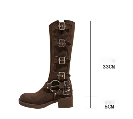 Suede cowhide suede MIU family knight belt buckle high, knee length boots, brown western cowboy boots_voghion.com