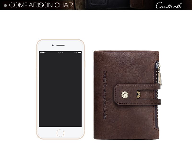 Herenportemonnee met ketting, echt leren portemonnee, RFID-blokkering, dubbelgevouwen, dubbele rits, muntvak met antidiefstalketting_voghion.com