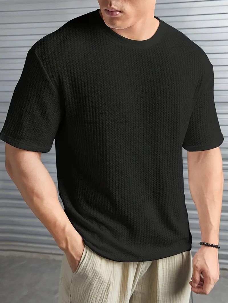 Maglietta da uomo a maniche corte in maglia a girocollo in jacquard tinta unita modello Xiyi Cross Border_voghion.com