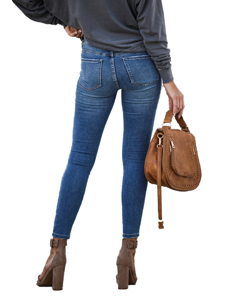 Pantaloni in denim aderenti a vita media elasticizzati da donna, a gamba corta_voghion.com