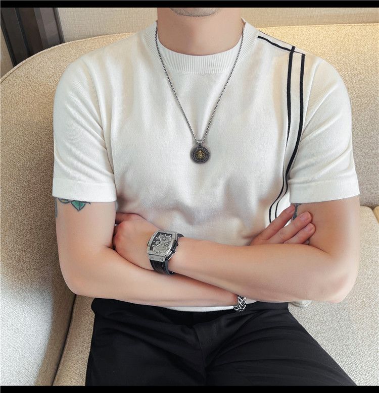 Summer New Products Men's Thick Short Sleeve T-Shirt Threaded Neckline Short Sleeve Knitted Sweater Slim Fit Elastic Bottom Sweater Undershirt_voghion.com