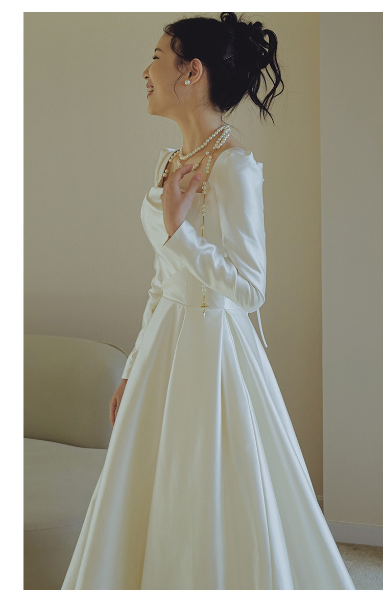 Satin-Hochzeitskleid Braut 2024 neues französisches einfaches Retro-Langarm-Hochzeitskleid Nischen-Willkommens-Abendkleid_voghion.com