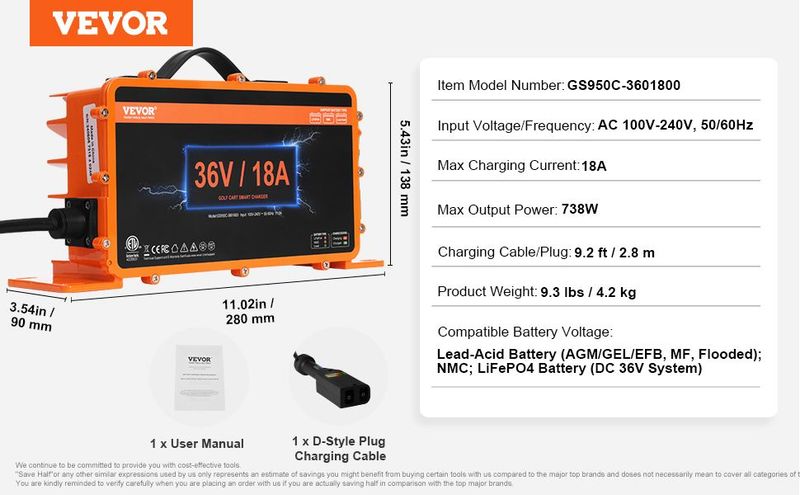 VEVOR 36 Volt Golf Cart Battery Charger, 18 AMP, Smart Battery Charger With D-Style Plug, Compatible With Lead-Acid AGM/GEL/EFB MF NMC LiFePO4 Batteries For EZGO TXT, IP67 Waterproof ETL Certified_voghion.com