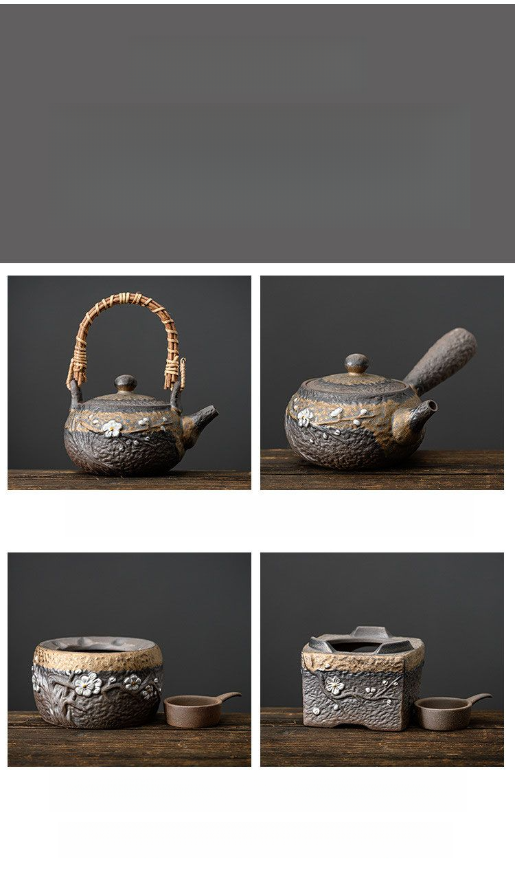 Théière japonaise en poterie grossière avec anse, grande théière simple en argile décorée d'argent, style Kung Fu_voghion.com