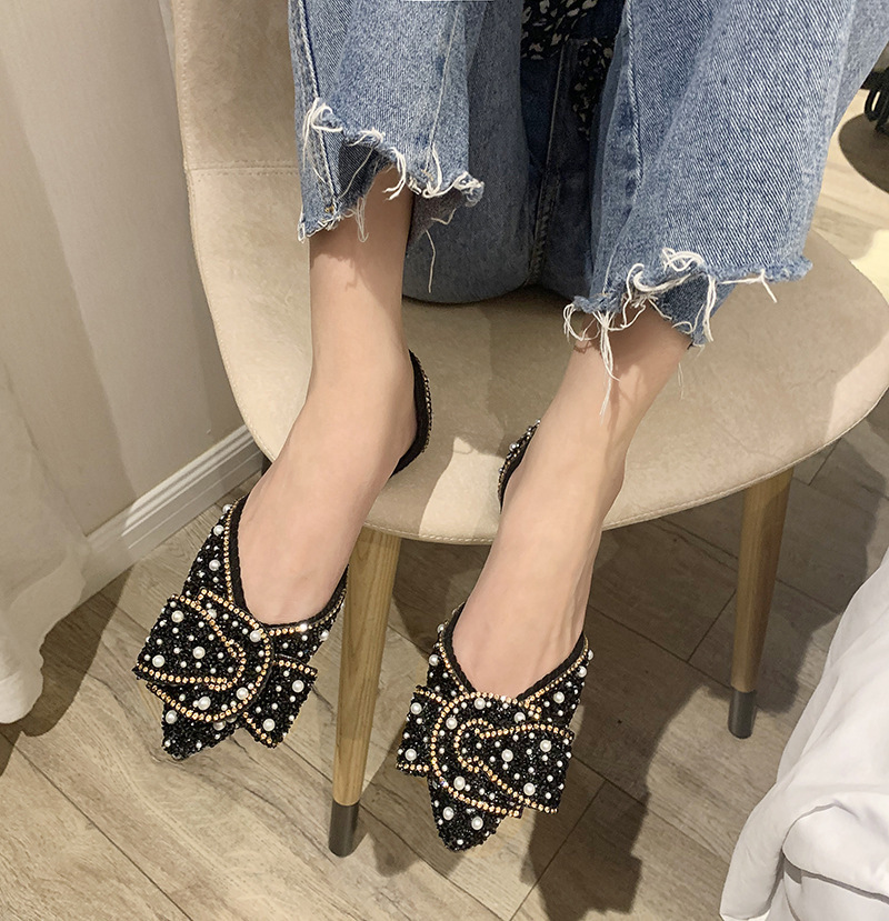 Shoes Women Spring And Summer Models Retro Shallow Mouth Pointed Toe Soft Soled Peas Bowknot Rhinestone Scoop On Behalf Of_voghion.com