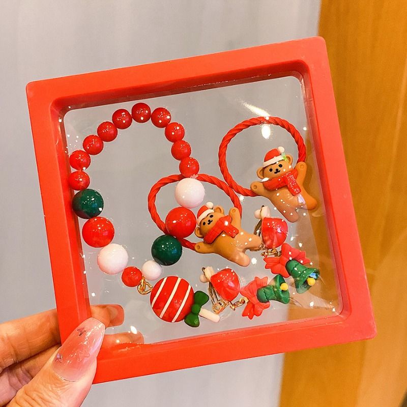 Christmas Jewelry Set For Kids, Festive Beaded Bracelet & Ring Sets With Santa, Snowman & Tree Charms In Red Gift Boxes, Holiday Gift & Party Favor Je_voghion.com