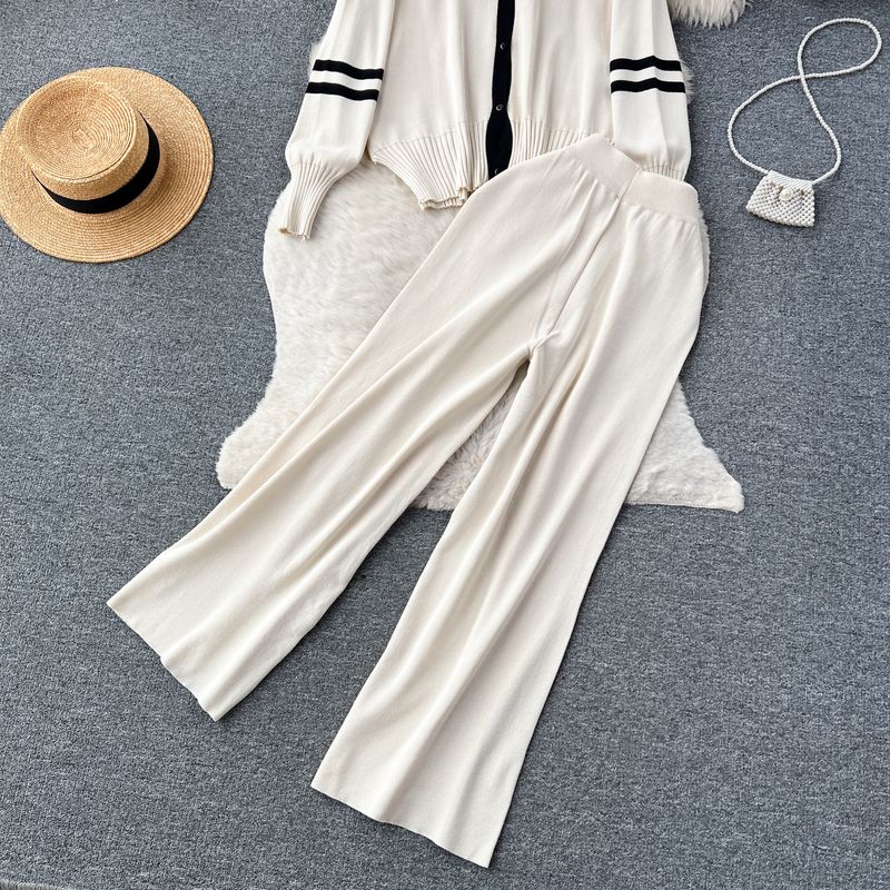 Women's Clothing Hong Kong style chic casual loose versatile knitted cardigan tops women's autumn two piece set high waist slim wide leg trousers_voghion.com