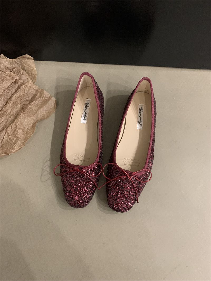 Chaussures de danse de Ballet à semelle plate et simple pour dames, nouveau Style scintillant, avec nœud, bouche peu profonde, printemps automne 2024_voghion.com