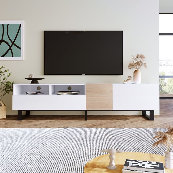 Modern TV Stand For 80'' TV With Double Storage Space, Media Console Table, Entertainment Center With Drop Down Door For Living Room, Bedroom, Home_voghion.com