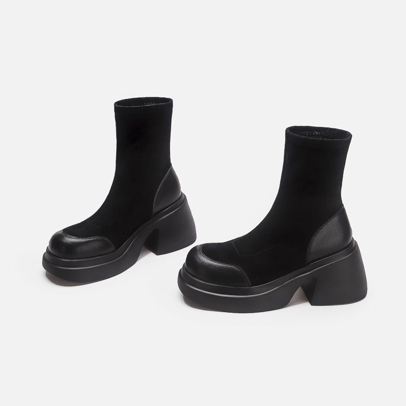 Neue kurze Winterstiefel mit dicker Sohle und höhenverstärkender Sohle für Damen, Stiefel mit dicker Sohle und elastischem Bund, schmale Wildlederstiefel_voghion.com