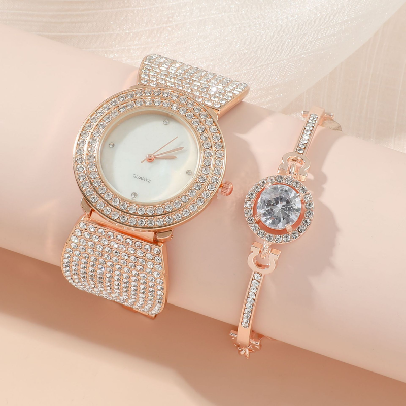 Luxury dial versatile and atmospheric, large rhinestone women's five piece set, gift box, quartz wrist watch_voghion.com