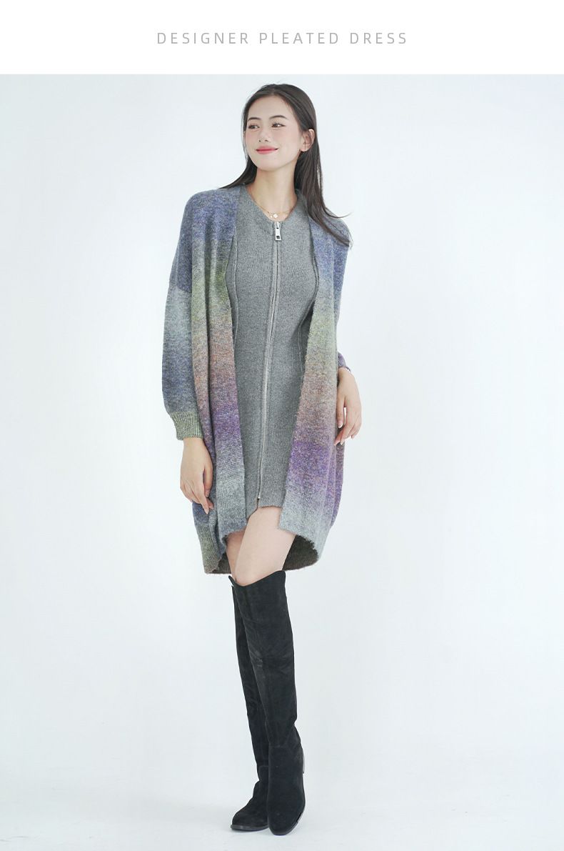 Autumn Winter Wool Knit Cardigan For Women Gradient Color Mid-Length Thickened Sweater Coat_voghion.com
