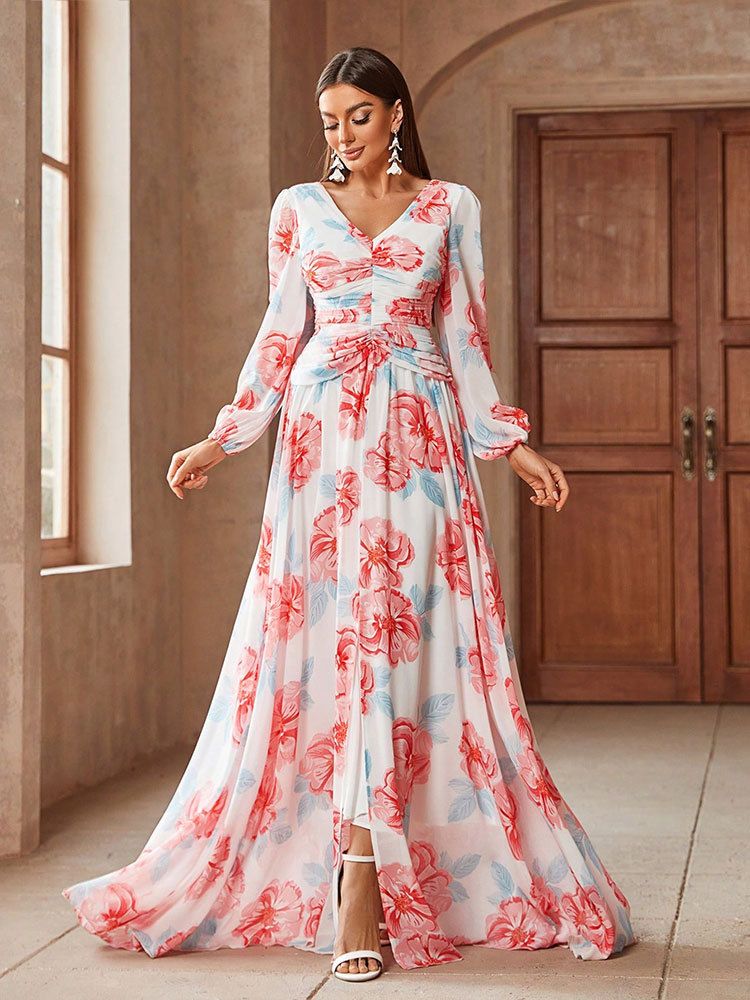 Floral Chiffon Maxi Dress With V-Neck & Lantern Sleeves – A-Line High Waist Evening Gown For Beach Vacation, Date Night_voghion.com