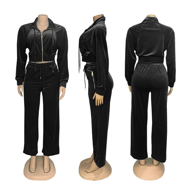 Damenbekleidung Elegantes Damen-Set aus langärmligem Stehkragen, Reißverschluss vorne und Strickjacke und Hose – zweiteiliges Winter-Outfit in Unifarben (Grau, Schwarz, Rot)_voghion.com
