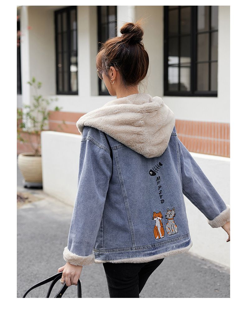 Giacca in denim con fodera in pile per donna - Cappotto corto oversize con colletto polo, caldo capo invernale per taglie piccole e alte_voghion.com
