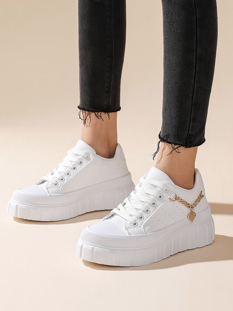 Chaussures pour femmes, nouvelles chaussures pour femmes de grande taille, semelle épaisse, chaussures de sport décontractées, chaussures plates blanches avec chaîne en métal pour femmes_voghion.com
