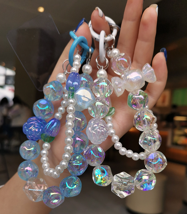 Mobile Phone Strap Wrist Chain Colorful Round Beads Handmade Pearl Beaded Pendant Short Phone Case Universal Anti Loss_voghion.com