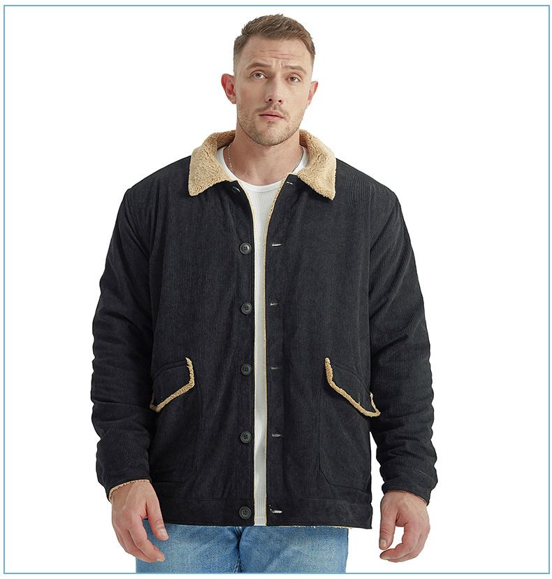 "Herrenjacke aus Cord und Lammfell mit Revers – Plüschiger, dicker Mantel in großer Größe (Schwarz/Grün/Hellbraun, S-XXL)"_voghion.com