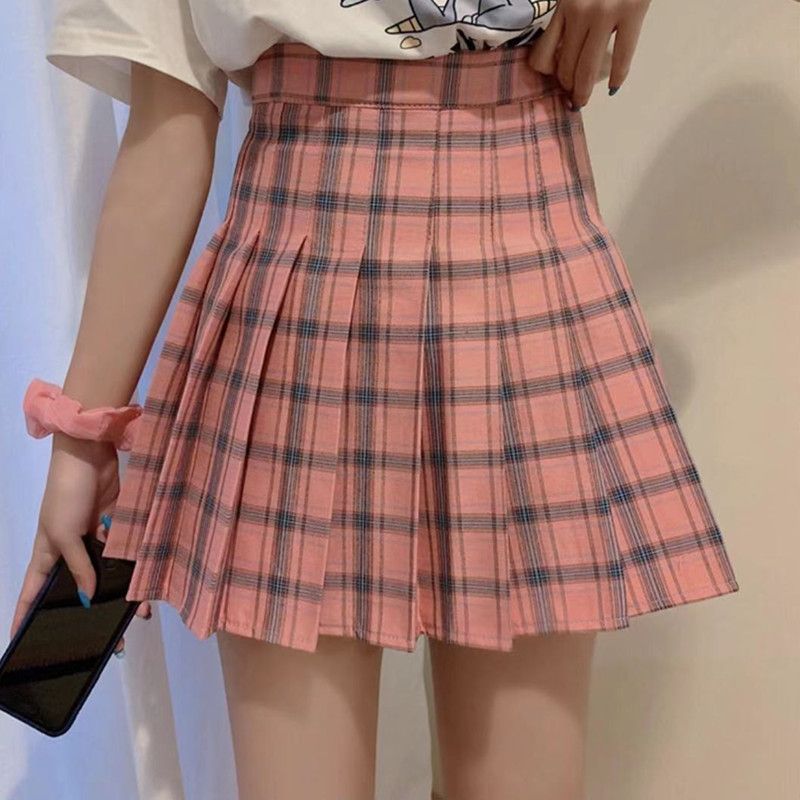 Gonna a pieghe a vita alta a quadri color caramella per donna, stile preppy, con minigonna morbida a quadri color caramella_voghion.com