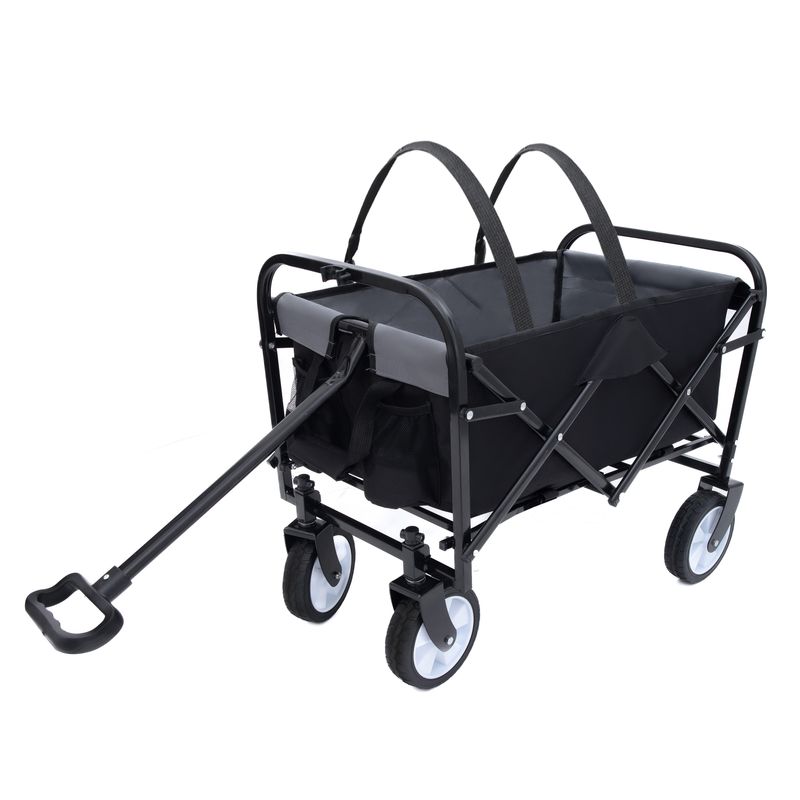 Minimeetall Strap Collapsible Foldable Wagon Cart With Strapping System, Beach Wagon , Utility Cart , Utility Wagon Grocery Cart For Camping Shopping Sports Gardeing Fishing Supports 225lbs Black_voghion.com