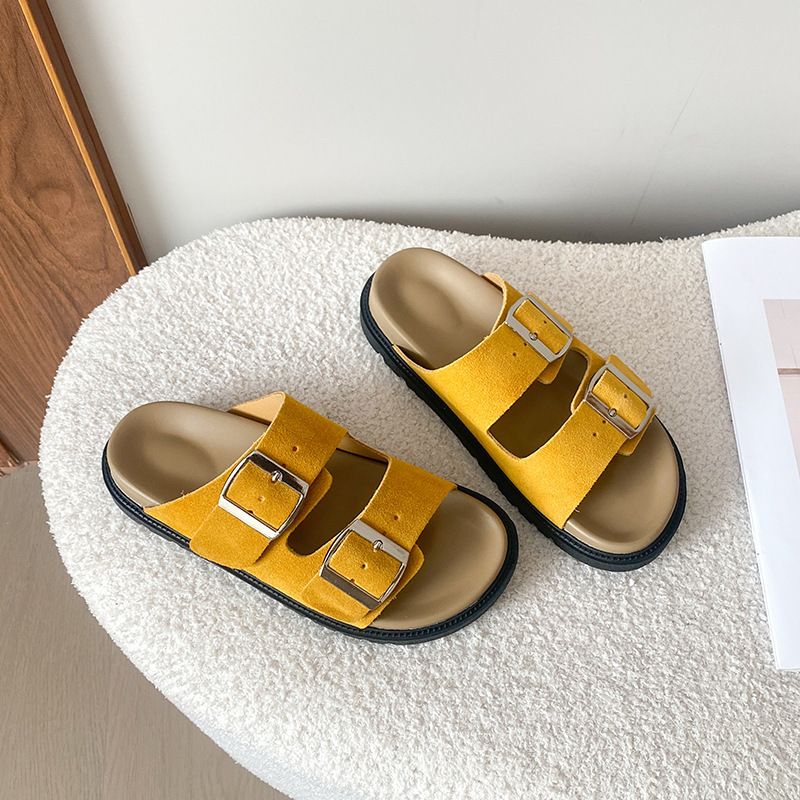 Grape Mom Casual Item Comfortable Lazy Double Buckle Strap Versatile Thick Sole Boken Half Slippers Women's Summer_voghion.com