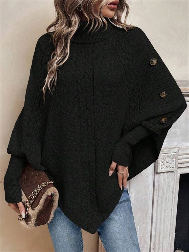 Grobstrickpullover mit Fledermausärmeln für Damen mit hohem Kragen und Knopfdetails – Übergroßer Zopfmusterpullover für Herbst und Winter (Khaki,_voghion.com
