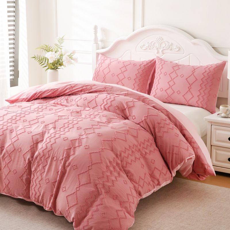 Nordisches geometrisches Bettbezug-Set – 3-teilige Jacquard-Bettwäsche mit altrosa Rautenmuster, Spannbettlaken-Stil_voghion.com