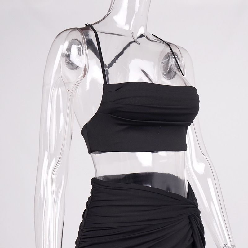 Sommer Damenbekleidung gerüschtes bauchfreies Top mit Trägern, hohem Schlitz, langem Rock, zweiteiliges Set-Outfit_voghion.com
