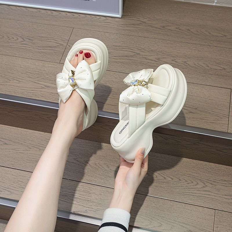 Summer New New Bowknot Rhinestone Thick Sole French Style Platform Versatile Women's Sandals_voghion.com