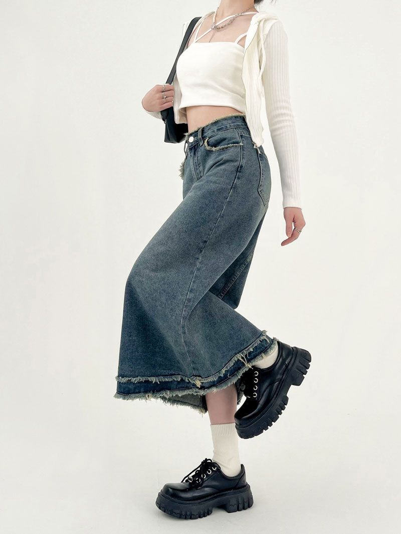 Robuuste denim voor vrouwen met een zomers Instagram-stijlgevoel, een hoge taille halfrok, A-lijn omwikkelde billen_voghion.com