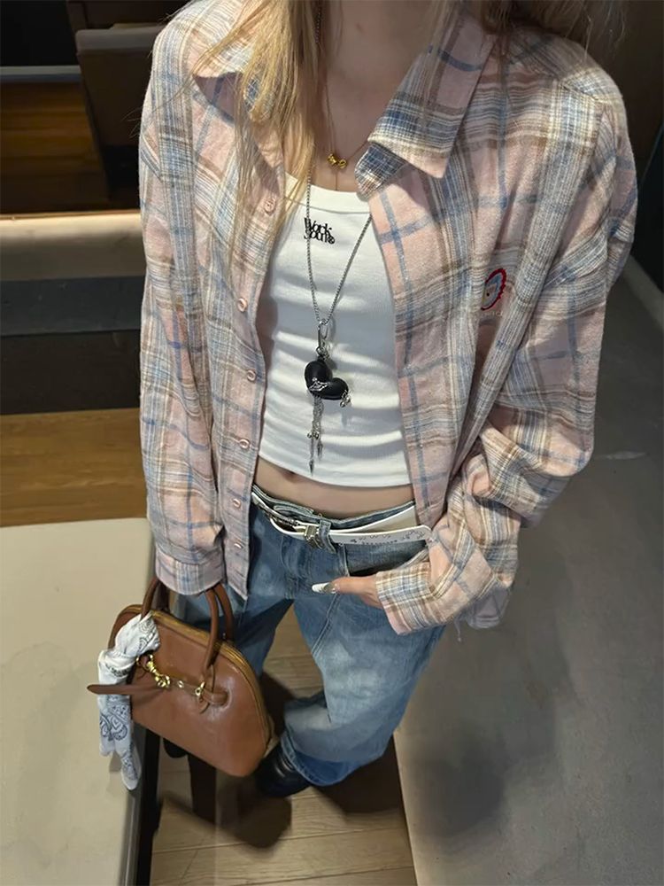 Camicia a quadri ricamata rossa Nicebad per donna, stile ampio e rilassato, camicia con motivo autunnale, giacca in stile americano_voghion.com