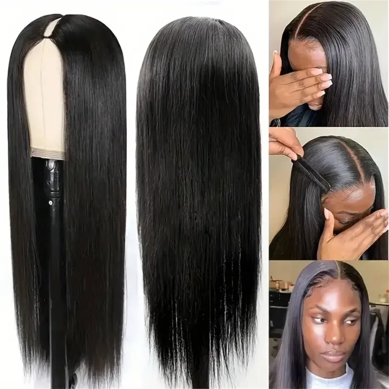 Pelucas brasileñas de cabello humano con parte en V, 100 % liso, densidad del 180 %._voghion.com