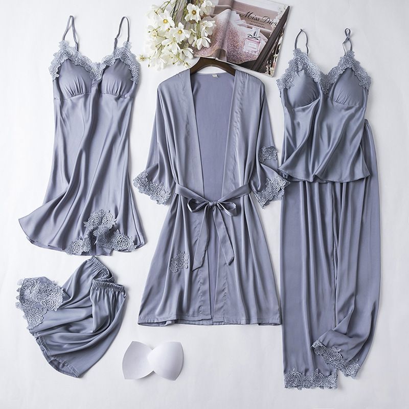 Underwear Pajamas Women Summer Ice Silk Sexy Suspenders Nightdress With Chest Pads Simulation Silk Satin Nightgown Five Piece Suit Home Clothes_voghion.com
